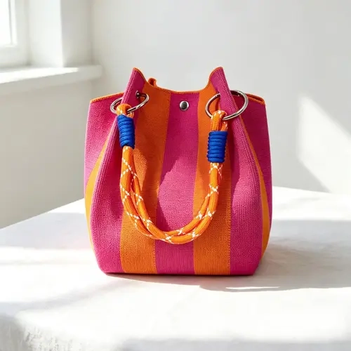 Colorblock Striped Christmas Knit Bucket Bag, Small Detachable Woven Strap Handbag, Casual All-Season Shopping & Party Gift