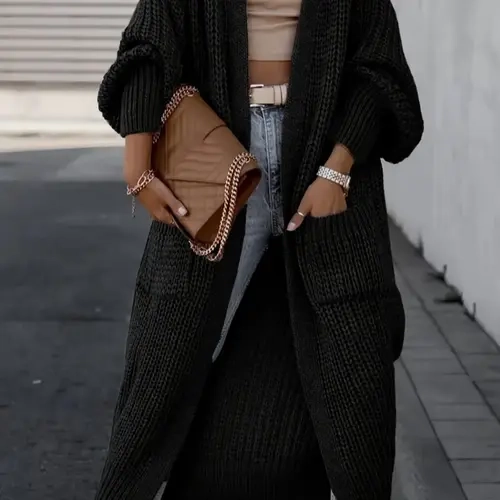 Women's Plus Size Ribbed Texture Long Open‑Front Knit Cardigan, Casual Fall & Winter Sweater Outerwear, Comfortable Basic Plain Design Long Sleeve Knitwear with Pockets, Plain Textured Cardigan