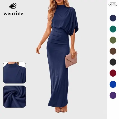 Wenrine Women's Chic Slimming Bodycon Maxi Dress - High Neck, Asymmetrical Sleeveless Cape, Invisible Zipper, Gathered Detail, Smooth Seamless Fabric, Minimalist Formal Cocktail Wedding Guest Night Out Dress