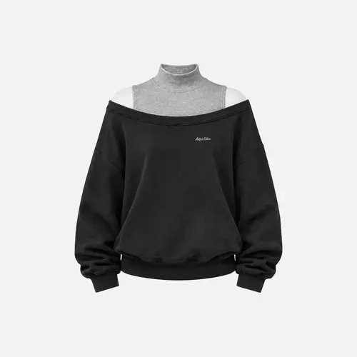 Aelfric Eden Two-in-one Hoodie Off-Shoulder Mock Neck Sweatshirt Balloon Sleeves Ribbed Cuffs & Hem Soft Fabric Minimalist Streetwear Women's Top,clothes for back to school,first day of school outfits,sohochic