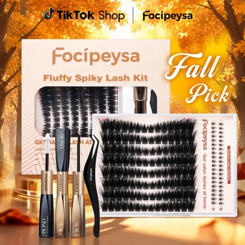 Focipeysa D Curl Thick Lash Clusters Kit - Pre-Mapped Fluffy Spiky L&R Eye + Bottom Lashes, Bond & Seal, Tweezers, Waterproof, Time-Saving, Beginner-Friendly for Home Salon-Quality Soft Glam Makeup, Lash Cluster