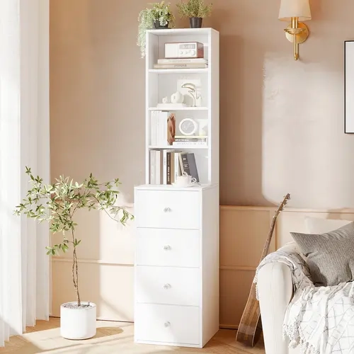 VOWNER 4 Tier Stand Shelf with 4 Drawers Modern Decor Beside Table Nightstand Narrow Dresser Sideboard for Vanity Bedroom