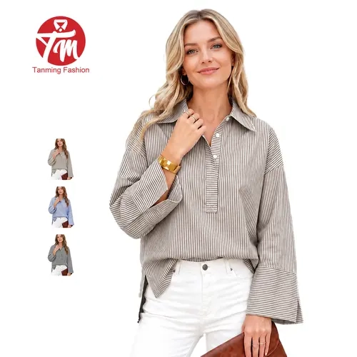 Tanming Women's Oversized Striped Henley Blouse - Classic Collared Button Down Shirt - Casual Loose Side Slit Tops for Women