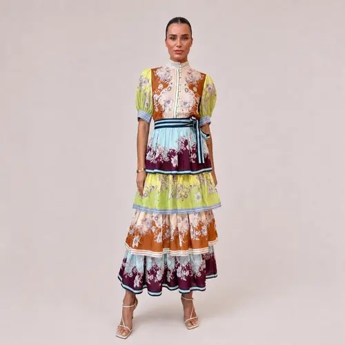 LikeMychoice Color Block Floral Tiered Midi Dress Puff Short Sleeve High Neck Belted Boho Summer Vacation Dress