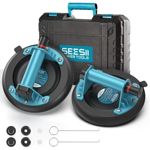 【SEESII】 Suction Cups for Glass Lifting: 8" Tile Suction Cup Lifter with Handle and Pump, 200KG Load Capacity Heavy Duty Vacuum Lifter for Lifting Large Tile, Granite, Metal, Windows (2-Pack)