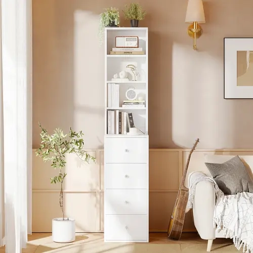 VOWNER 4 Tier Narrow Dresser Sideboard Stand Shelf with 4 Drawers Modern Decor Beside Table Nightstand for Vanity Bedroom