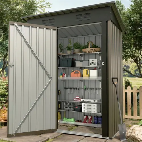 Garvee Durable Metal Outdoor Storage Shed - Weather-Resistant Steel Organizer with Sloped Roof & Lockable Door, Compact Patio/Backyard Storage for Trash Cans & Tools (Metal Garden Sheds), Durable Garden Shed