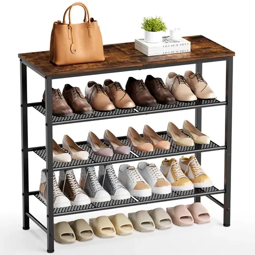 Kitsure 4-Tier Rectangular Shoes Organizer - Single Unit Rustic Brown Industrial Metal Frame Shelf with Wood Top, Metal Mesh Shelves, Space Saver for Entryway, Hallway (75x29x63cm)