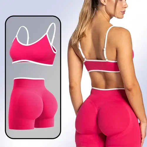 GYMER Women's 2-Piece Seamless Sports Set Contrast-Line Bra High-Waist Sculpt Scrunch Butt Lifting Shorts Workout Gym Yoga Fitness Wear