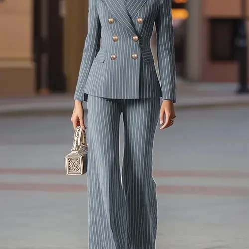 2-Piece Retro Vertical Stripe Business Suit Set, Notch Lapel Double Row Buttons, Slim Fit Jacket High Waist Wide Leg Pants