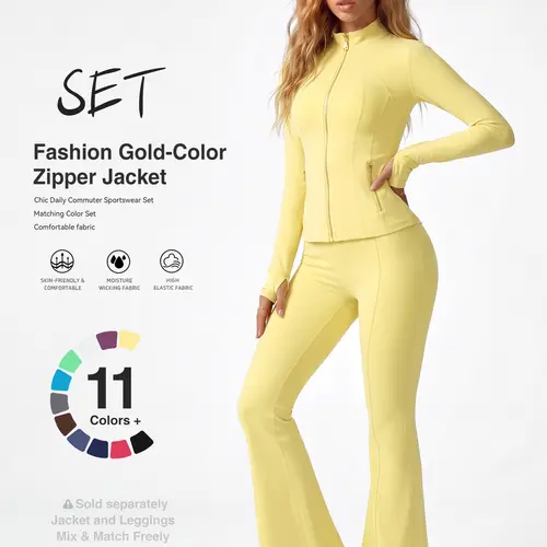 Women's Gold-Zipper Active Yoga Set - Soft Moisture-Wicking Stretch Jacket & High-Waist Flared Leggings, Skin-Friendly Gym Outfits, Matching Women's Clothes for Running Daily Commute, back to school,back to school haul tiktokshopbackt sohochi,sohochic