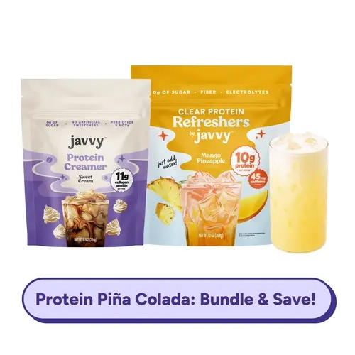 Javvy Protein Tropical Creamsicle TikTok Exclusive Bundle - Mango Pineapple Clear Protein Refresher + Sweet Cream Collagen Protein Creamer - 10g + 11g Protein, 45mg Caffeine, 0g Sugar, Fiber, Electrolytes & MCTs, Naturally Flavored, Just Add Water