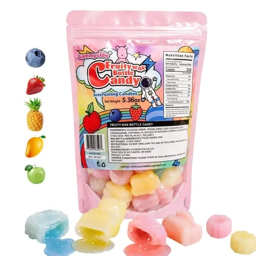 GummyGlow 5.36oz Re-Sealable Wax Fruit-Filled Candy, Chewable Snack, Retro Nostalgic Novelty Sweet, Classic Strawberry & Variety Flavors for Old School Candy Lovers, Frozen Jelly Bottle Treat, Wax Candy #sohochic