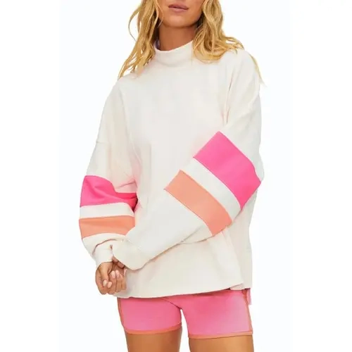 Fisoew Women's Knit Soft Minimalist Color Block Stripe High Neck Hoodie - Ribbed Lightweight Fleece Fabric, Oversized Drop Shoulder Longsleeves, Side Split Loose Casual Tunic Pullover Sweatshirt,sohochic