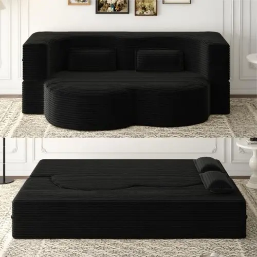 【Sub 1 packages】Niccae Modern Floor Sofa with 2 Pillows,Convertible Sherpa Fleece Fabric Foam-Filled Sleeper Sofa Bed,15" Full Size Folding Mattress for Living Room,Guest Bed,no assembly required, Full Size Bed, Mattress Full Size,sohochic