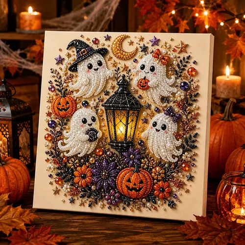 Halloween Ghost Pearl Art DIY Kit, Spooky Cute 3D Diamond Painting Crafts, DIY Fall Home Decor Wall Art, Beginner DIY Seasonal Party Gift,Includes Artboard