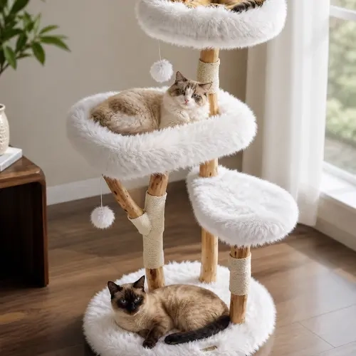 Modern Cat Tree for Large Indoor Cats, Aesthetic Cat Tower with Oversized Faux Fur Perches, Real Wood Branches, Sisal Scratching Posts & Modern Cat Furniture