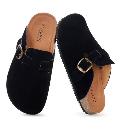 KUKTO Kids' Classic Slip-On Suede Clogs, Flat Casual Wear Shoes with Cork Footbed, Adjustable Buckles, Leather Mules for Indoor-Outdoor Use,sohochic