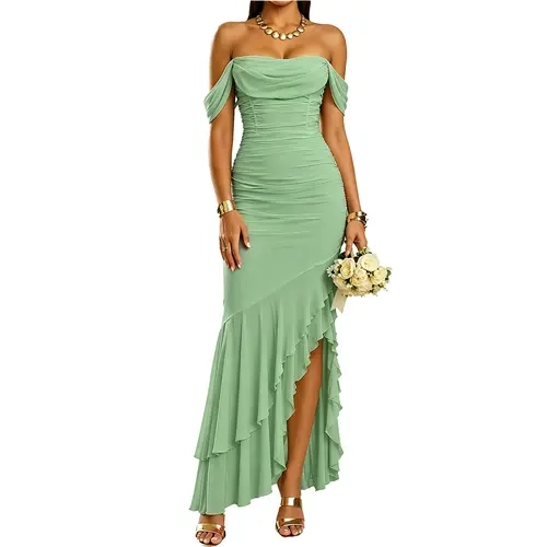 BORIFLORS Women's Elegant Off-Shoulder Sleeveless Ruched Maxi Dress - Soft Stretchy Fabric, Comfortable Slimming Bodycon, High Split Ruffle Hem Formal Gown for Wedding Guests, Cocktail Events,sohochic