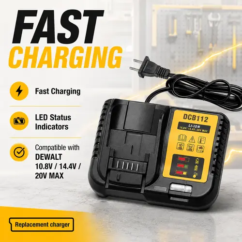 Fast Replacement Charger for DEWALT-Compatible 20V MAX Batteries, DCB112 Style Charger with LED Status Light and Safety Protection