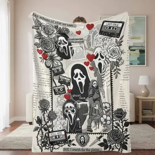 Halloween Ghost Face Roses Floral Cassette Flannel Blanket Embroidery Style Horror Art Print Ultra Soft Plush Throw Blanket Cozy Lightweight Bedding Blanket for Bed Sofa Couch Bedroom Haunted Spooky Home Decor Gift