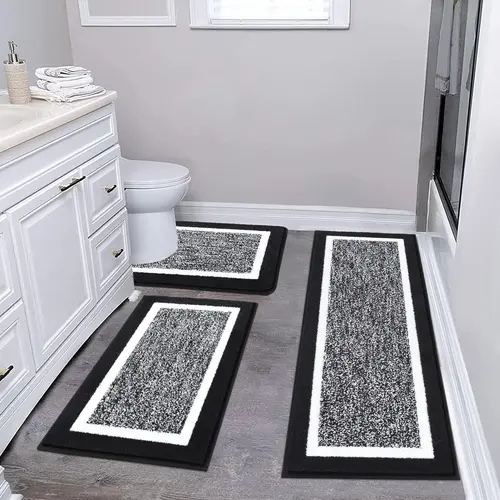 Black Bathroom Rugs Set 3 Piece Non Slip Washable, Plush Absorbent Microfiber Bath Mat Shower Rug Runner Quick Dry, Super Soft U Shaped Toilet Mats Floor Carpet
