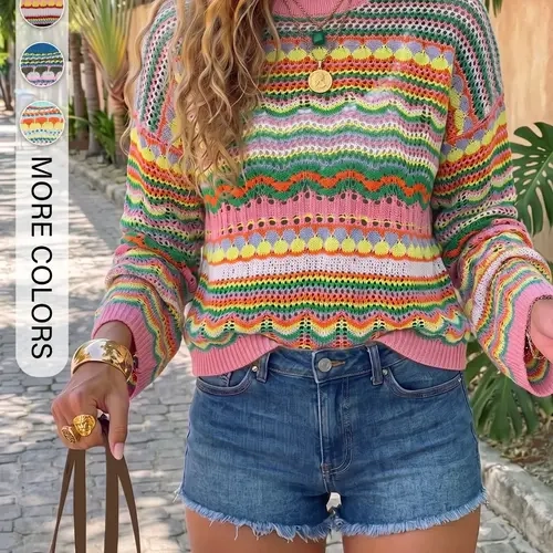 Women's Colorful Round Neck Casual Knit Pullover, Long Sleeve Fitted Sweater, Striped Boho Style, Spring & Fall Fashion Knitwear