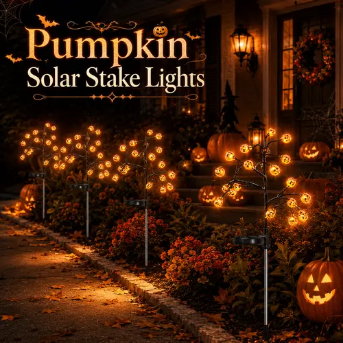 Spooky Solar Halloween Pumpkin Tree Stake Lights Set, 20-Head Orange Jack-O’-Lantern Ornaments, Flexible Branches, Auto On/Off, Steady & Flashing Modes, Outdoor Fall Yard Decor (2/4/8 Count),sohochic
