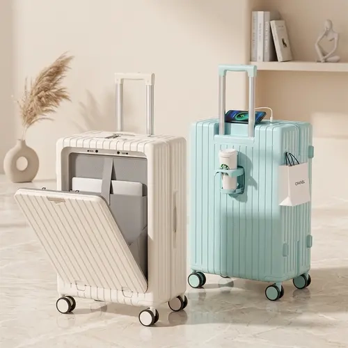 LING RONG Front-Opening ABS+PC Hardside Carry On Luggage Sets with TSA Lock, Ribbed Texture, Cup Holder, USB Charge Port, 360° Spinner Wheels, Travel Luggage, Modern Handy Carry Bag, Hardside Luggage