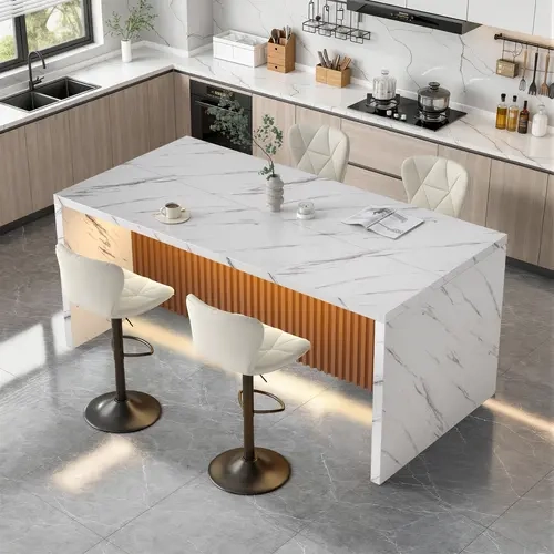 67" Kitchen Island Table with Faux Marble Top, Counter Height Dining Table for Kitchen, Modern Island Table with Fluted Base,