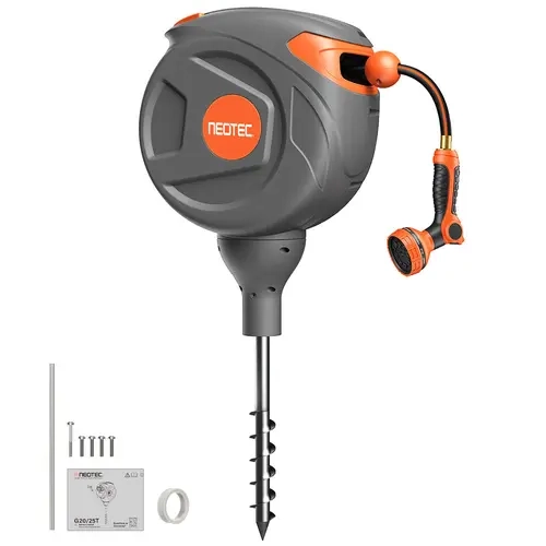 [toolupgrade]NEOTEC No-Drill Ground-Mounted Retractable Garden Hose Reel 50 ft x 5/8 Inch With 6.5ft Leader Hose, Freestanding 360° Swivel Water Hose with Any-Length Lock & Slow Return for Large Yard & Lawn