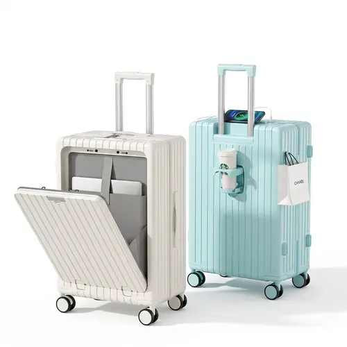 LING RONG Travel Carry On Wheeled Luggage, Modern Durable ABS+PC Polycarbonate Hardshell with Ribbed Texture, Front Opening, Cup Holder, USB Charge Port, TSA Lock, Multi Functional Carryall