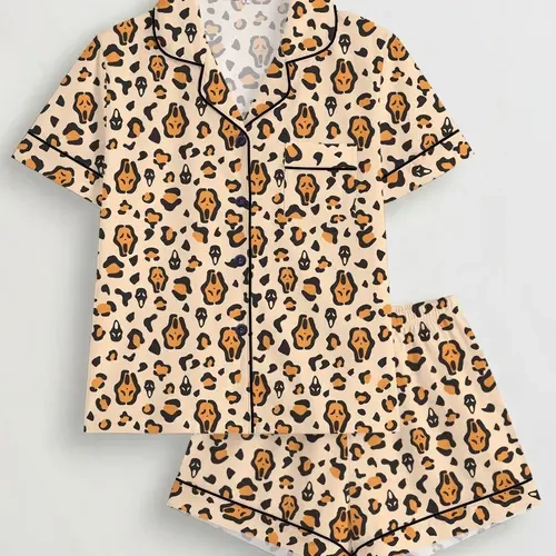 Halloween Women's Casual Cartoon Skull Leopard Print Loungewear Button Front Top & Elastic Shorts Pajama Set, Comfortable Home Wear