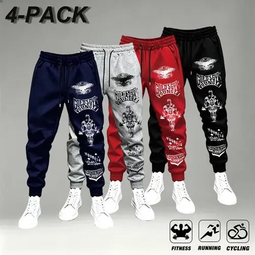 Men's 4-Piece Loose Casual Jogger Trousers - Vintage Stretchable Male Clothing, Soft Knit Gym Pants with Pockets, Retro Streetwear Graffiti Print, Fall Fitness Layering Sweatpants