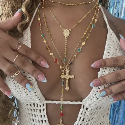 4-Piece Vintage-Inspired Necklace Set, Boho Cross Pendant Necklaces, Y-Shaped Colorful Rhinestone Chain, Layered Necklaces for Women, Fashion Jewelry, Perfect for Parties