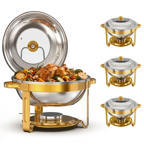 VIPfree Chafing Dishes for Buffet Set, Gold, 2/4 Pack, 6QT, Pre-Assembled Legs | Gold Finish, 6QT Capacity, Round Shape, Stainless Steel, Pre-Assembled Legs, Food Warmers for Party Catering Christmas Home Gathering, Buffet Servers and Warmers