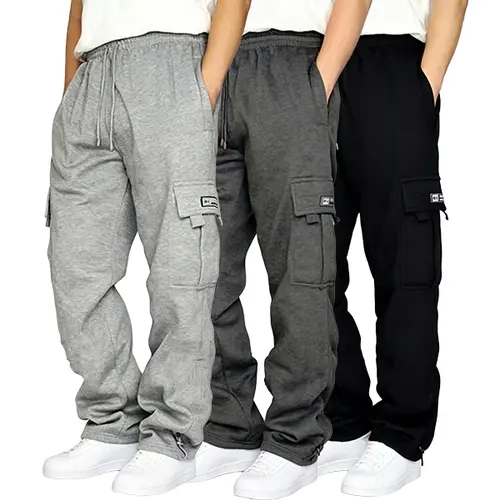 Men’s Classic Plain 3-Pack Cargo Straight Sweatpants Set - Menswear Men's Clothing with Multiple Pockets, Drawstring Elastic Waist, American High-Street Loose Casual Athletic Joggers,sohochic