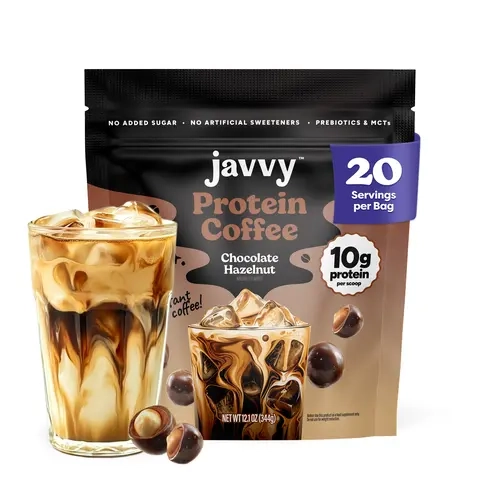 Javvy Chocolate Hazelnut Protein Iced Coffee - Premium Whey Protein, Instant Iced Coffee, 100% Natural Cold Brew, Arabica Bean, 0 Artificial Flavors & Sweeteners, 0 Sugar, 80 mg Caffeine, 20 Servings