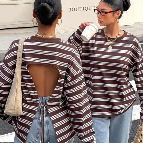 Striped Open Back Tie Long Sleeve Oversized T-Shirt, Crew Neck Cut Out Back, Casual Streetwear Top for Men
