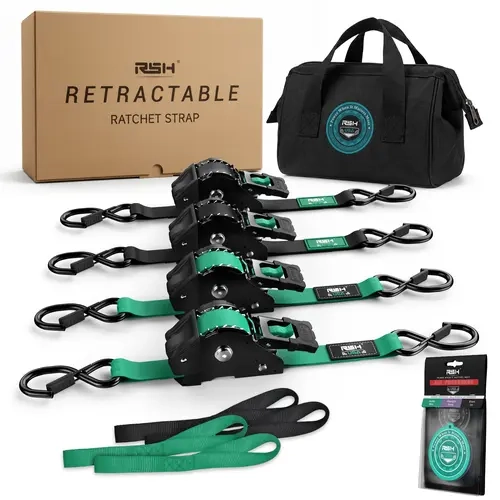 RSH 4 Pack Medium-Duty Retractable Ratchet Straps, Self-Retracting Tie-Down Straps for Trucks, Cargo Trailers