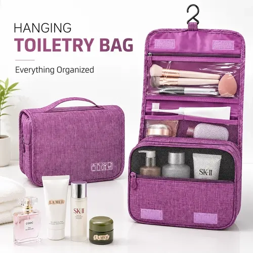 Hanging Toiletry Bag for Women and Men, Travel Makeup Bag with Hook, Waterproof Cosmetic Organizer with Multiple Compartments, Portable Bathroom Storage Bag for Shampoo, Skincare, Toothbrush, Beauty Accessories Travel Essentials for Vacation, College Dorm