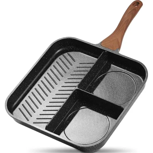 11-Inch Nonstick Divided Square Cookware, 3-In-1 Versatile Breakfast & Steak Grill Pan for Stove Tops, PTFE-Free & PFOA-Free, Suitable for Indoor/Outdoor Cooking, Black