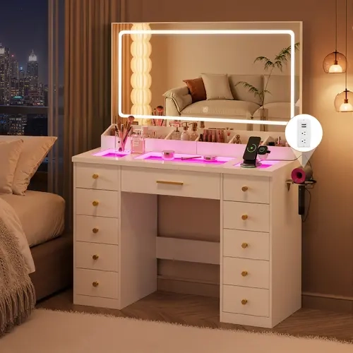 LAKEMID Modern Makeup Vanity Desk - 58" Rectangular Lighted Dressing Table, Vanities with Mirror and Lights and Drawers, 3 Color LED Modes, RGB Light, Glass Top, 11 Drawers, Power Outlet for Women's Bedroom, White Transparent