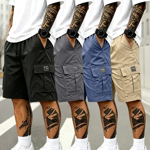 4-piece set for men: outdoor sports/fitness/running/casual wear; drawstring elastic waistband; multifunctional pockets; summer shorts; men’s casual cargo pants; men’s shorts; summer clothing; menswear, summer wins