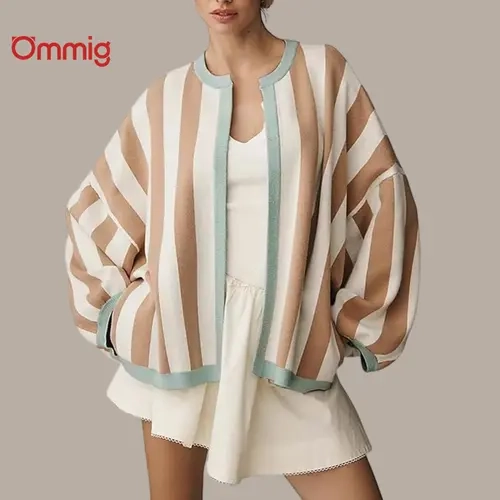 Ommig Women's Casual Chic Cowl Neck Striped Cardigans - Long Full Sleeves, Open Front, Loose Fit Mixed Fibers Sweater Knitwear Top,sohochic