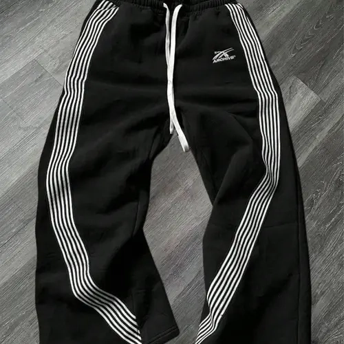 Men's Side-Striped Polyester Jogging Pants - Embroidered Drawstring Baggy Streetwear Track Pants, American High-Street Retro Loose Casual Bottoms,sohochic