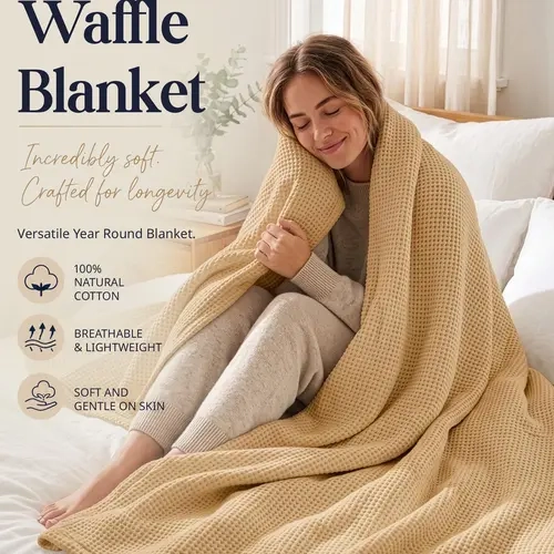 LANE LINEN Natural Cotton Blanket Throw - 300 GSM Solid Airy Waffle Construction, Soft Cozy Soft Touch Fabric, Durable Breathable Lightweight, Bed Sofa Use, Modern Room & House Decor Accessory