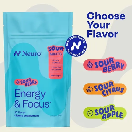 Neuro Energy & Focus Sour Mints (90 Pieces) - Sugar Free with Natural Caffeine, L-theanine, Vitamin B12 & Vitamin B6 - Choose Your Flavor