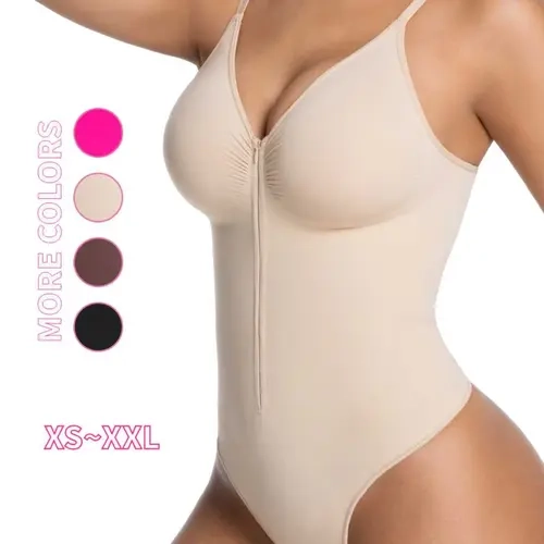 Women's Seamless Shapewear Bodysuit, Adjustable Straps V-Neck, Front Zipper, Tighten Abdomen, Sexy Style, All Seasons, Easy to Wear, Fashion Shapewear