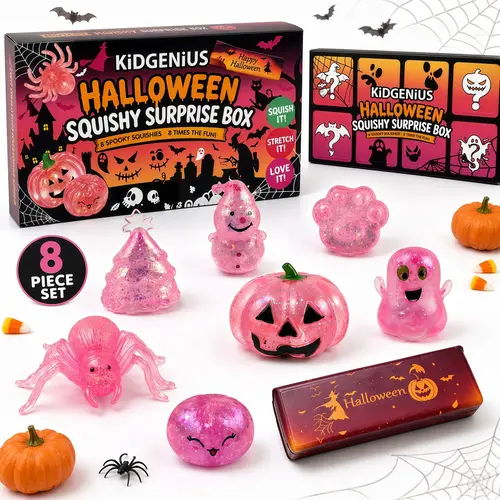 KIDGENIUS 8-Pack Sparkly Squishies Surprise Box - Soft Squishy Fidget, Sensory Toy, Stress Ball, Kids Halloween Christmas Gift, Classroom Prizes, Party Favors, Stocking Stuffers